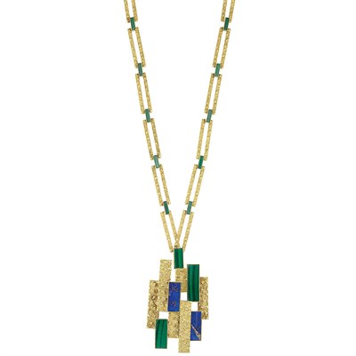 Lot 422 - Long Gold, Malachite and Lapis Pendant-Necklace