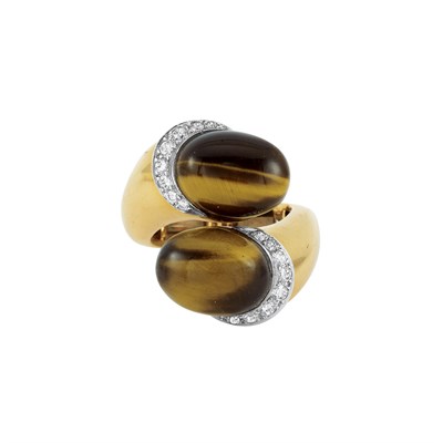 Lot 261 - Gold, Platinum, Tiger's-Eye and Diamond Crossover Ring, Van Cleef & Arpels