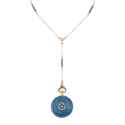 Lot 143 - Edwardian Gold, Platinum, Guilloche Enamel and Diamond Pendant-Watch, Tiffany & Co., with Gold and Enamel Chain