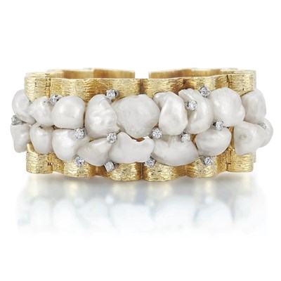 Lot 287 - Gold, Freshwater Pearl and Diamond Cuff Bracelet, Ruser