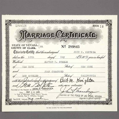 Lot 1140 - [CRAWFORD, JOAN] Marriage certificate for...