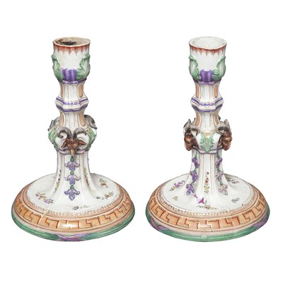 Lot 437 - Pair of German Porcelain Candlesticks Height 7...