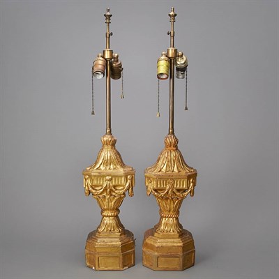 Lot 256 - Pair of Italian Neoclassical Gilt-Wood Lamps...