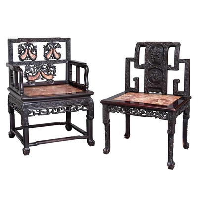 Lot 666 - Two Chinese Marble Inset Rosewood and Hongmu...