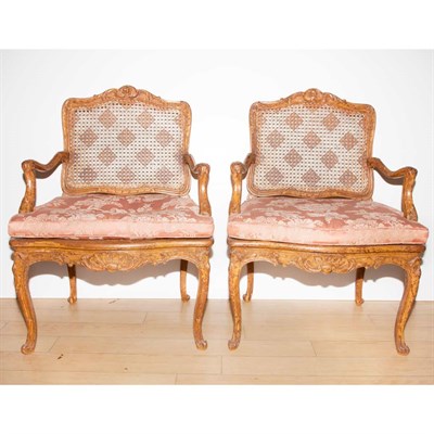Lot 374 - Pair of Louis XV Style Caned and Painted...