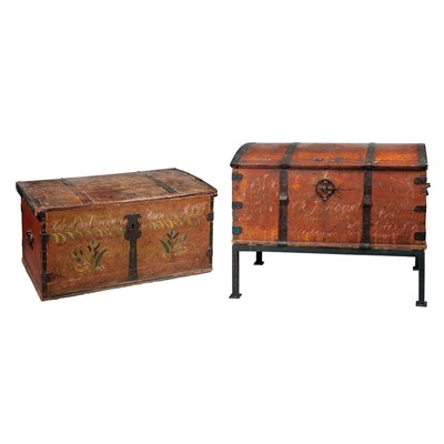 Lot 224 - Swedish Iron Mounted Painted Pine Trunk 1866...