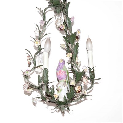 Lot 389 - French Porcelain and Tole Painted Three-Light...