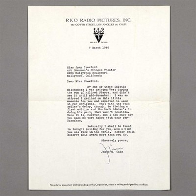 Lot 1149A - [CRAWFORD, JOAN] James L. Cain typed letter...