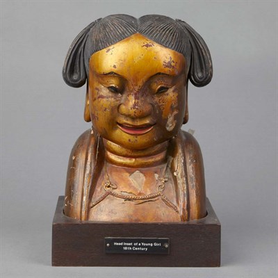 Lot 470 - Chinese Lacquered Wood Bust of a Young Girl...