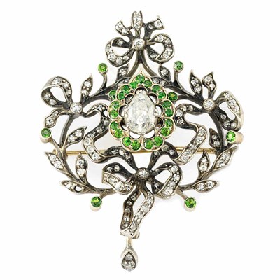 Lot 593 - Antique Silver, Gold, Diamond and Demantoid Garnet Pendant-Brooch