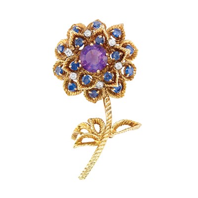 Lot 612 - Gold, Amethyst, Diamond and Sapphire Flower Brooch, Tiffany & Co.