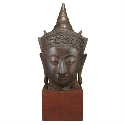 Lot 144 - Thai Bronze Head On a wood pedestal. Height 23...