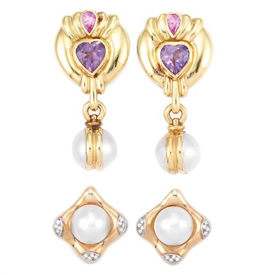 Lot 141 - Two Pairs of Gold, Mother-of-Pearl, Gem-Set and Diamond Earclips