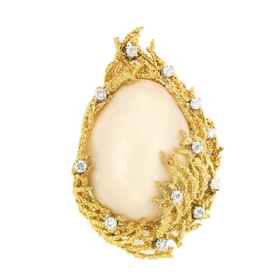 Lot 27 - Gold, White Coral and Diamond Clip-Brooch