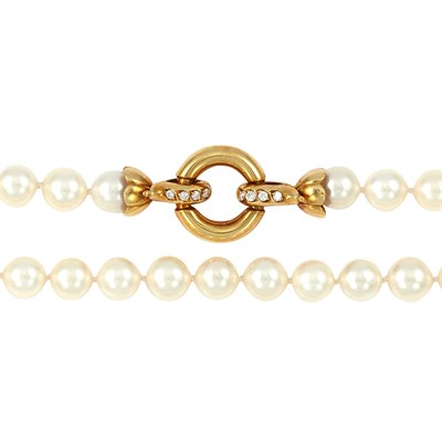 Lot 550 - Long Cultured Pearl Necklace with Gold and Diamond Clasp