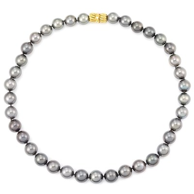 Lot 685 - Dyed Black Cultured Pearl Necklace with Gold and Diamond Clasp