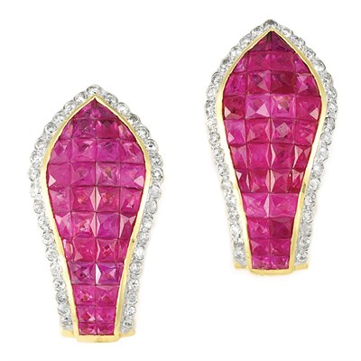Lot 438 - Pair of Gold, Invisibly-Set Ruby and Diamond Earclips
