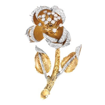 Lot 151 - Two-Color Gold and Diamond Flower Clip-Brooch