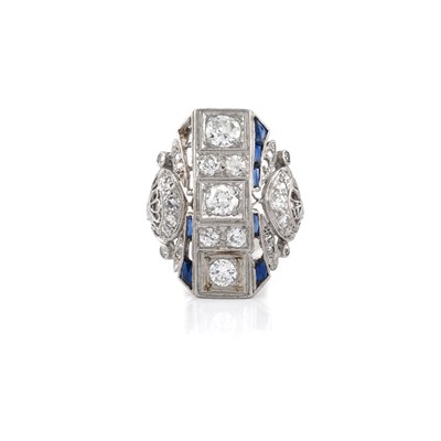 Lot 77 - Platinum, Diamond and Synthetic Sapphire Ring