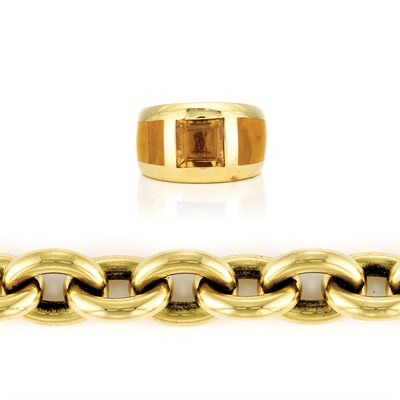 Lot 5 - Gold Toggle Bracelet and Gold, Citrine and Yellow Acrylic Ring