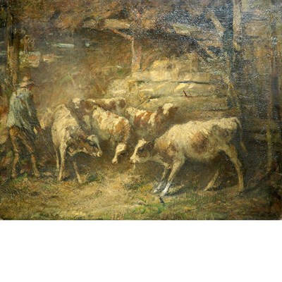 Lot 43 - French School 19th Century Cows in a Barn Oil...