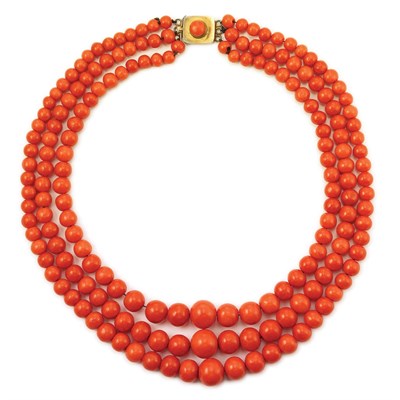 Lot 477 - Triple Strand Coral Bead Necklace