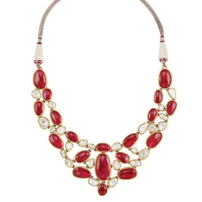 Lot 810 - Indian Gold, Enamel, Foiled-Back Ruby, Diamond and Freshwater Pearl Necklace