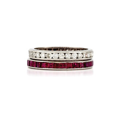 Lot 525 - Two Platinum, Diamond and Ruby Guard Rings