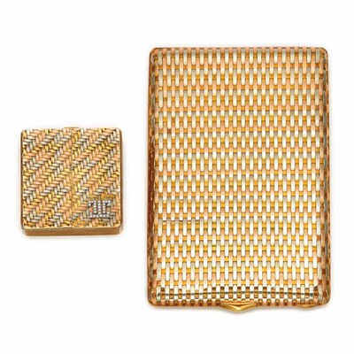 Lot 147 - Tricolor Gold Basketweave Cigarette Case, Black, Starr & Frost, Gorham, and Tricolor Gold, Platinum and Diamond Compact, Cartier