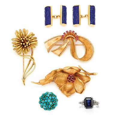 Lot 623 - Three Gold and Ruby Brooches, Turquoise Cluster Ring and Synthetic Sapphire and Simulated Diamond Ring