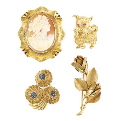 Lot 820 - Three Gold, Diamond and Gem-Set Brooches and Shell Cameo Brooch
