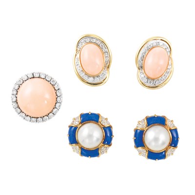 Lot 619 - Pair of Mabe Pearl, Lapis and Diamond Earrings and Pair of Coral and Diamond Earrings and Ring