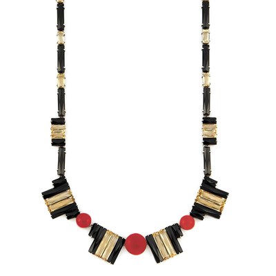 Lot 33 - Art Deco Sterling Silver, Black Onyx, Citrine and Oxblood Coral Necklace