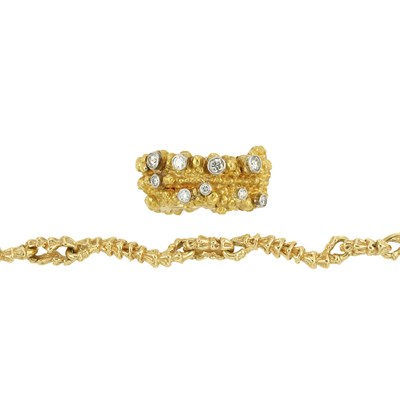 Lot 26 - Nugget Gold, Platinum and Diamond Band Ring and Gold Necklace, Gilbert Albert