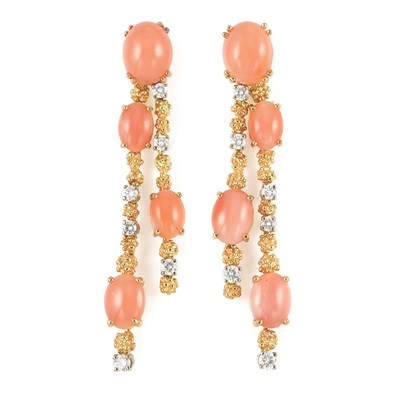 Lot 31 - Pair of Gold, Angel Skin Coral and Diamond Pendant-Earrings, Gilbert Albert