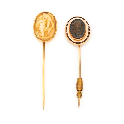 Lot 560 - Two Antique Gold and Cameo Stick Pins