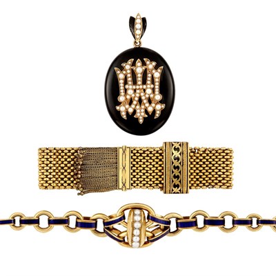Lot 248 - Two Antique Gold and Enamel Bracelets and Black Onyx and Split Pearl Memorial Pendant