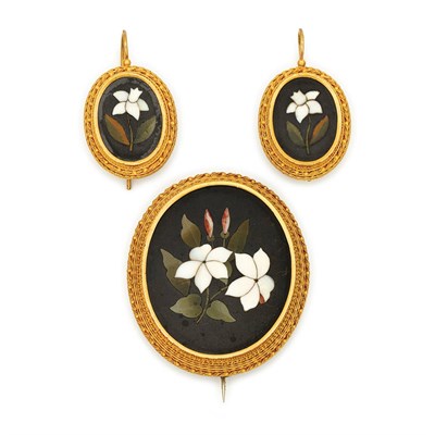 Lot 53 - Antique Gold and Pietra Dura Brooch and Pair of Earrings