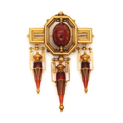 Lot 260 - Archeological Revival Gold and Carnelian Scarab Brooch