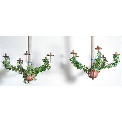 Lot 478 - Pair of Painted Five-Light Tole Chandeliers...
