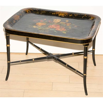 Lot 243 - Victorian Painted Papier Mache Tray on Stand...