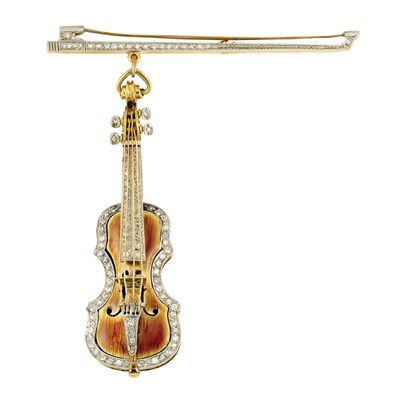Lot 381 - Two-Color Gold, Diamond and Enamel Violin Bar Pin