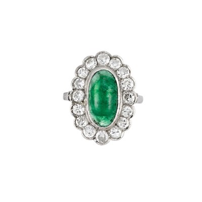 Lot 508 - Platinum, Cabochon Emerald and Diamond Ring