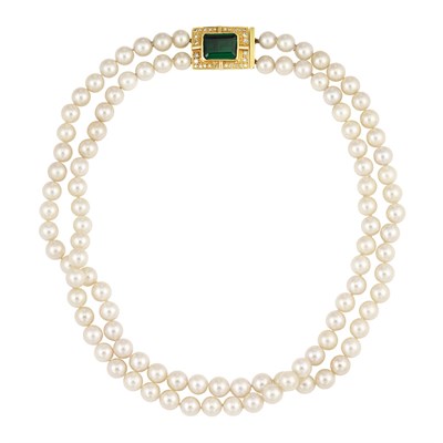 Lot 537 - Double Strand Cultured Pearl Necklace with Gold, Tourmaline and Diamond Clasp