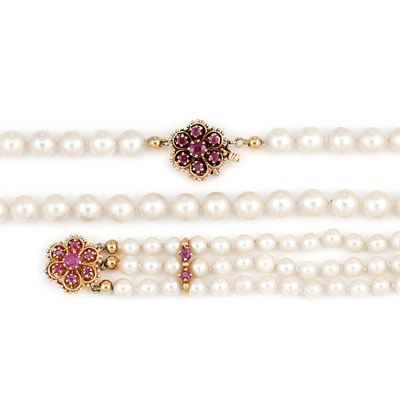 Lot 836 - Cultured Pearl Necklace and Triple Strand Cultured Pearl Bracelet with Gold and Ruby Clasps