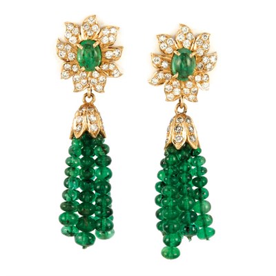 Lot 139 - Pair of Gold, Cabochon Emerald, Diamond and Emerald Bead Fringe Earrings