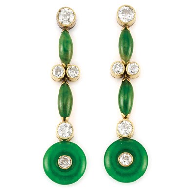 Lot 484 - Pair of Gold, Jade and Diamond Pendant-Earrings