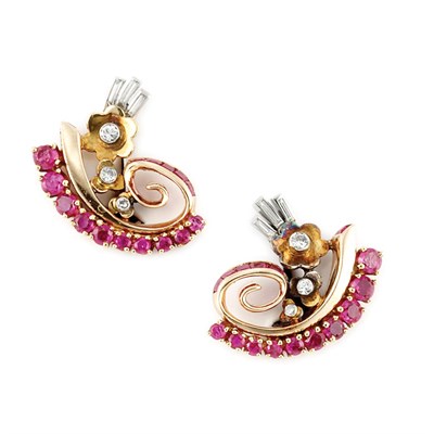 Lot 227 - Pair of Gold, Ruby and Diamond Scroll Earclips