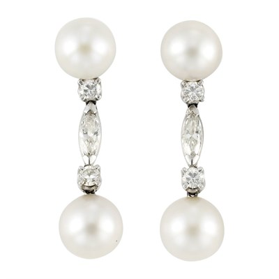 Lot 305 - Pair of Cultured Pearl and Diamond Pendant-Earclips