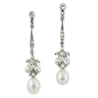 Lot 797 - Pair of Silver, Gold, Cultured Pearl and Diamond Pendant-Earrings